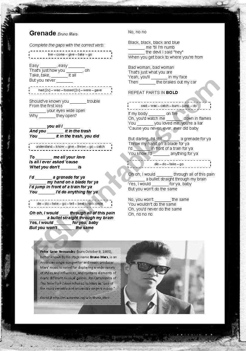 Song: Grenade [Bruno Mars] worksheet